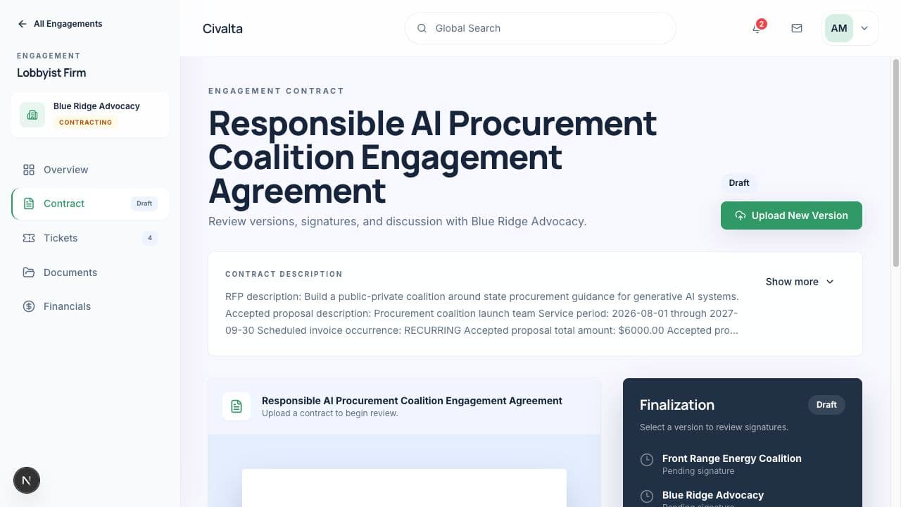 Civalta contract workspace with version controls and signature finalization