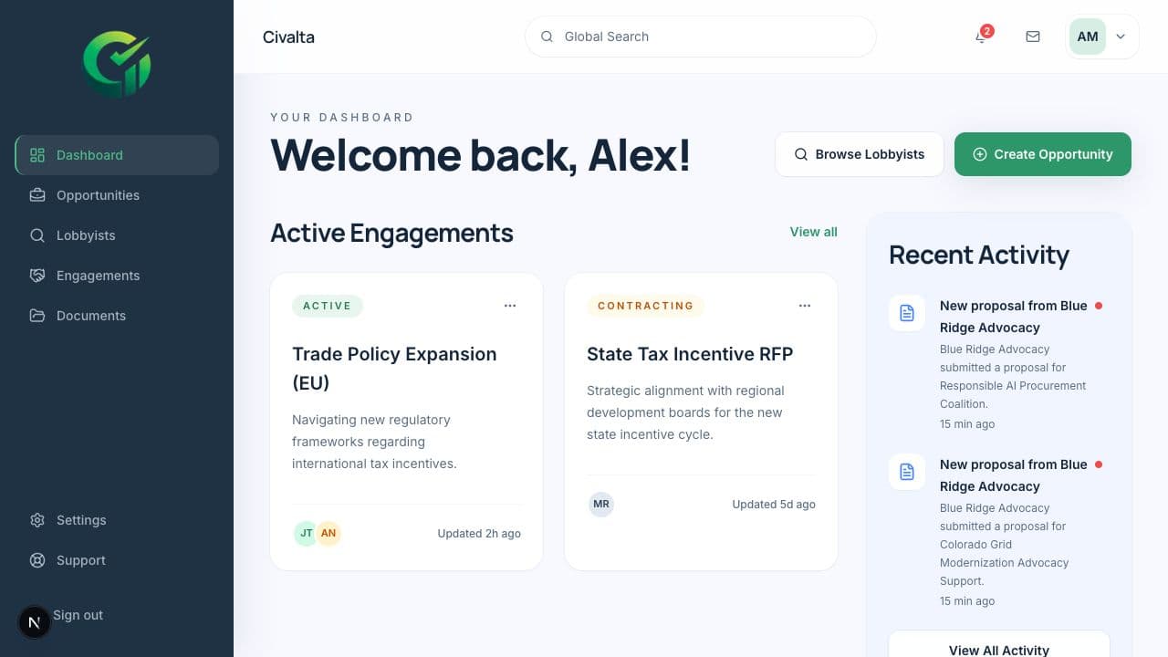 Civalta business dashboard showing active engagements and proposal activity