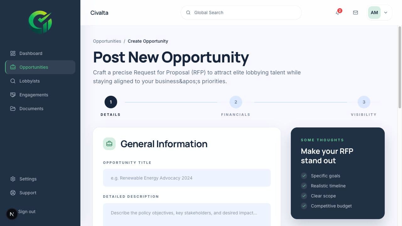 Civalta RFP builder with details, financials, visibility, and live preview